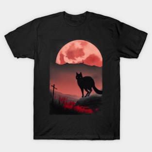 black cat and red moon horror view T-Shirt